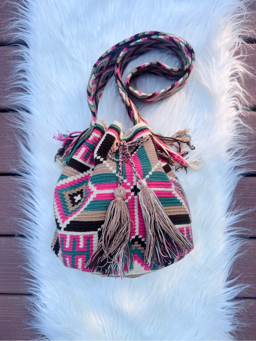 Handwoven Boho Wayuu Crossbody Bag in Pink, Teal & Brown